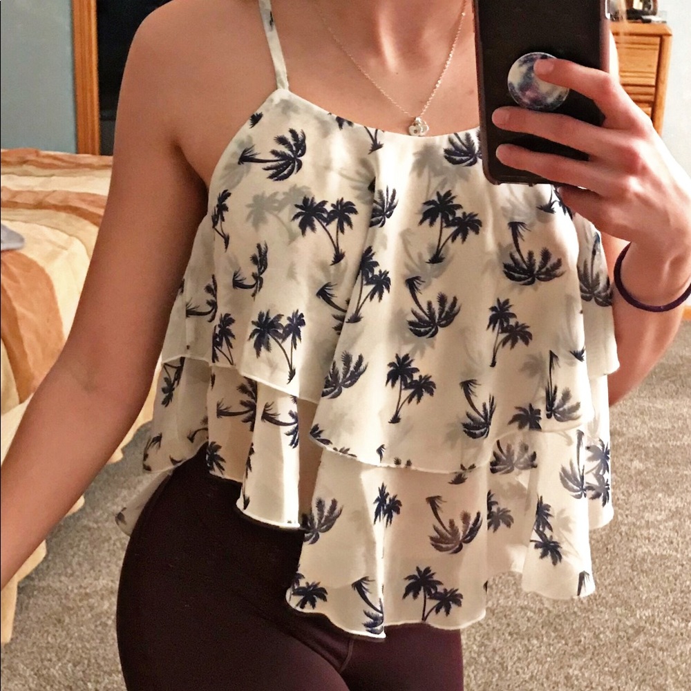 White and Blue Palm Tree Spaghetti Strap Top